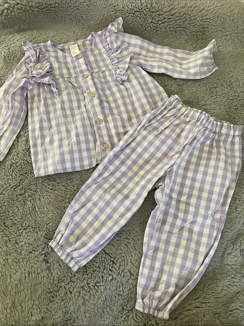 H&M Lavender and White Gingham Ruffle Pajama Set Sz 12/18M